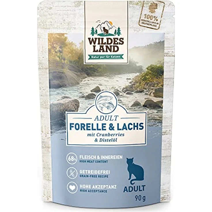 WILDES LAND Lachs, Nassfutter mit hohem Fleischanteil und natürlichen Zutaten für ausgewachsene Katzen, 12x90g – Bild 1