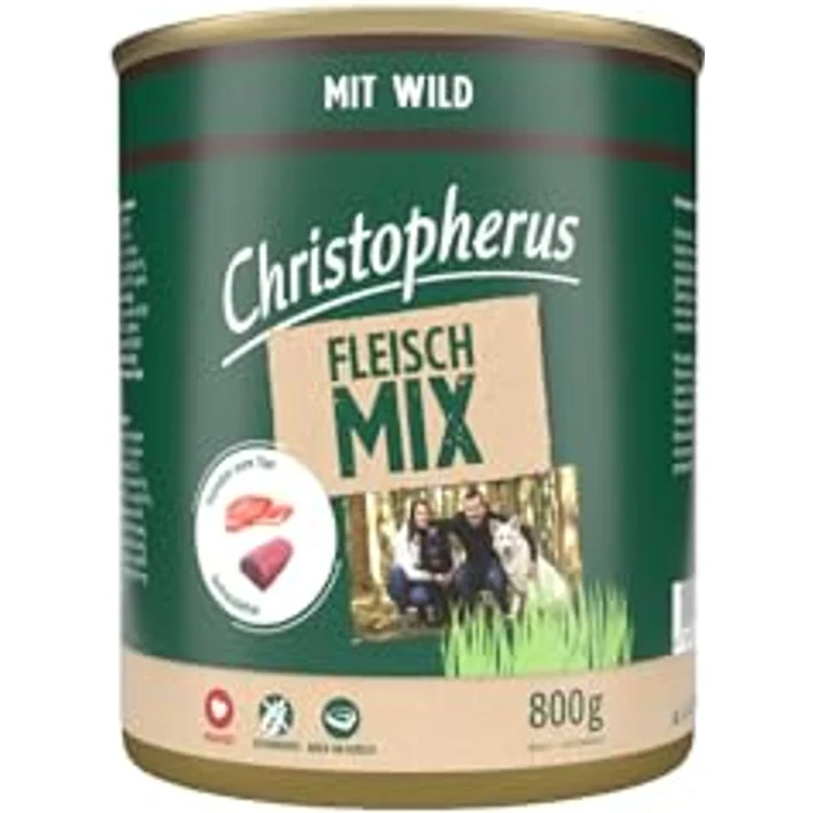 Christopherus Fleischmix, Nassfutter für Erwachsene Hunde mit Wild und hochqualitativem Fleisch, 6 x 800 g – Bild 2