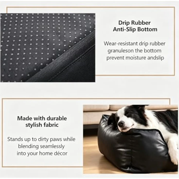Marchul Hundebett Kunstleder, Wasserdichtes Katzensofa mit rutschfester Unterseite, 60 × 45cm, Schwarz – Bild 3