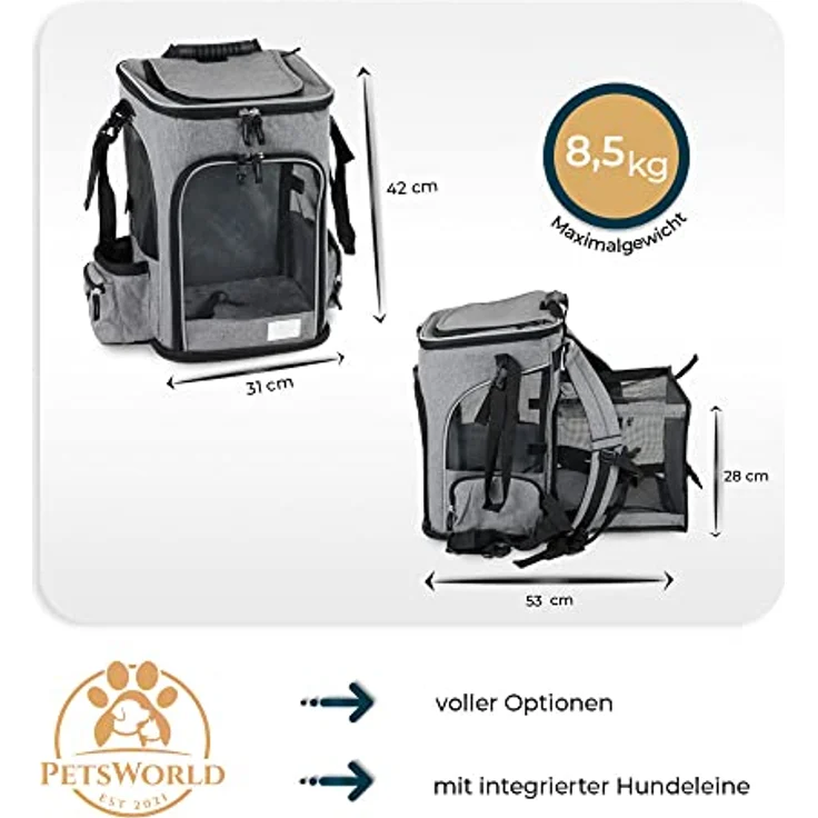 PETSWORLD EST 2021 Faltbarer Hunde-Transportbox Hunderucksack bis 8,5 kg, atmungsaktiv mit Mesh, ergonomisch gepolstert, mit Seitentaschen & Zubehör – Bild 3