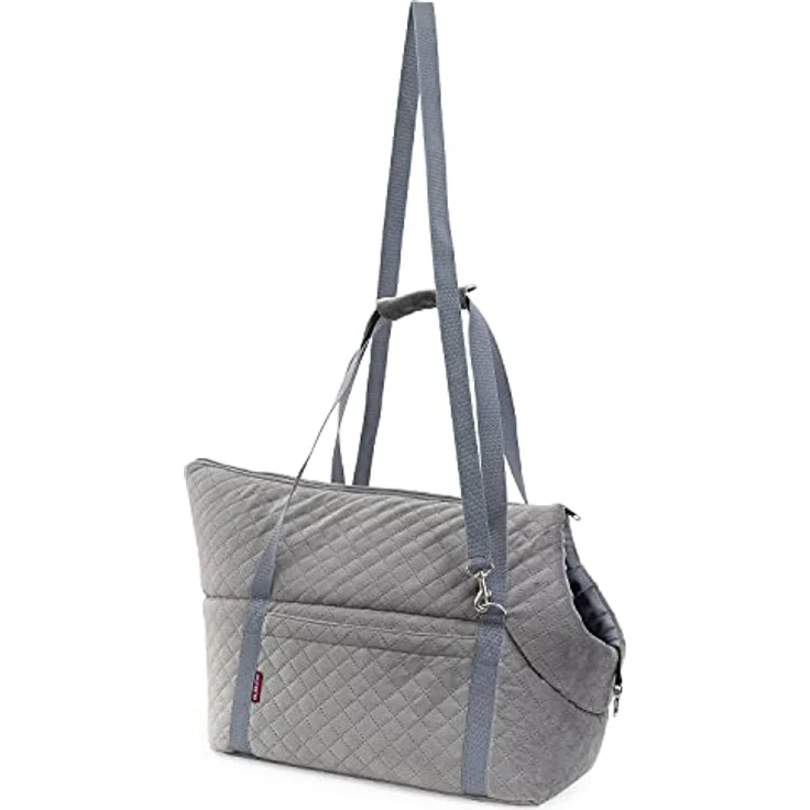 BOUTIQUE ZOO Transporttasche für Hunde und Katzen, Schultertasche mit Gummiband und Karabiner, bis 5 kg, Wildlederimitat - Velvet, Größe S, Grau – Bild 2