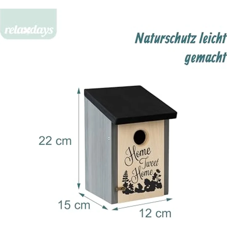Relaxdays Nistkasten für Meisen und Spatzen, 32mm Einflugloch, Holz mit Reinigungsklappe, Vogelhaus zum Aufhängen, grau/schwarz – Bild 4