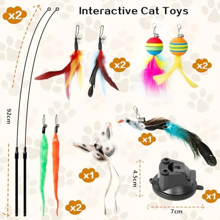 AiQInu 11 Stück Katzenspielzeug Interaktive, Katzenangel mit 2 Saugnäpfen und Glöckchen, Spielzeugset für Katzen aus hochwertigem Material, 92 cm lang – Bild 5