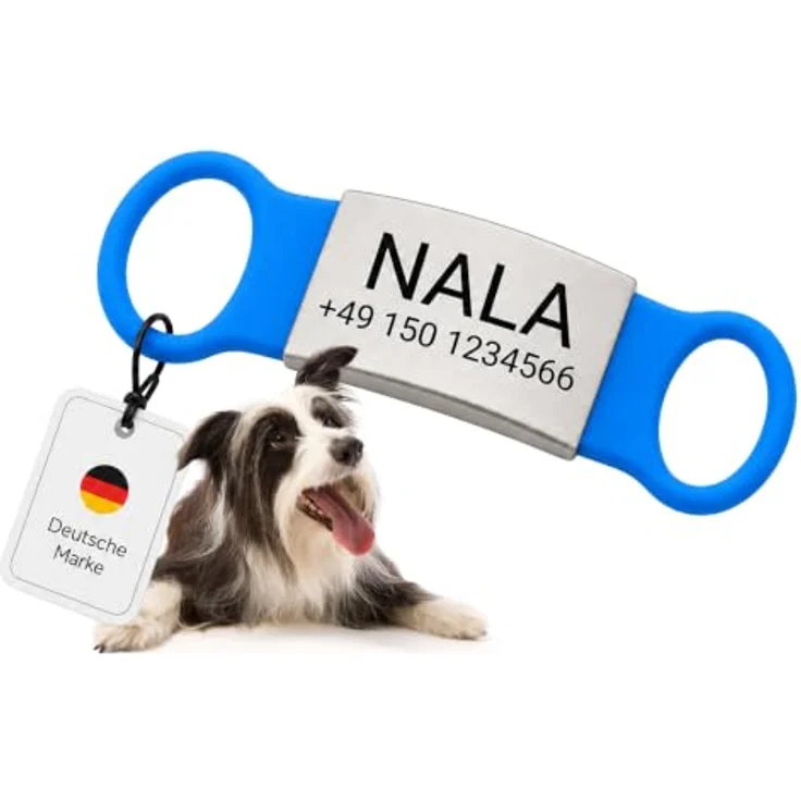 mypfote.com Hundemarke personalisiert, Slider mit Gravur, Blau, Größe M, aus Edelstahl und Silikon für leise Tragbarkeit – Bild 1