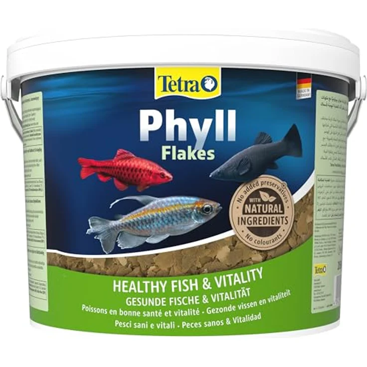 Tetra TetraPhyll Flakes, Fischfutter für pflanzenfressende Zierfische, 10 L Eimer mit lebenswichtigen Ballaststoffen für gesunde Ernährung und Wasserqualität – Bild 1