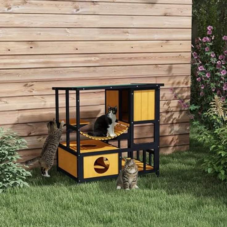 PawHut Katzenhaus aus Holz, Katzenvilla für draußen mit Hängebrücke, Balkon und wasserabweisendem Dach, für 1-2 Katzen bis 5 kg, Gelb – Bild 2