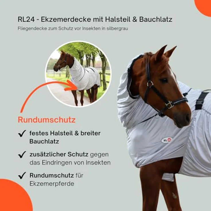 RL24 Ekzemerdecke mit Halsteil & Bauchlatz, feinmaschige Fliegendecke in Silbergrau, doppelter Frontverschluss & Beinschnüre, Größe 135 cm – Bild 5