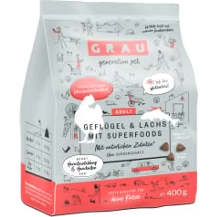 GRAU Trockenfutter für Katzen, Geflügel & Lachs mit Superfoods, glutenfrei, 400 g, für Erwachsene Katzen, beugt Harngries und Haarballen vor