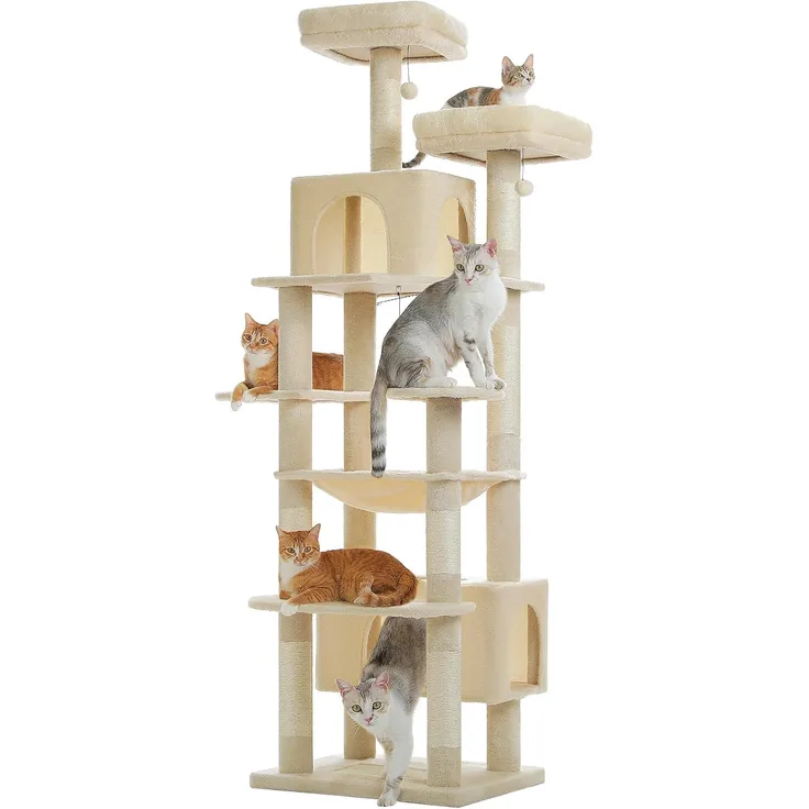 PURPURRA Robuster Kratzbaum für große Katzen, 200 cm hoher Katzenturm mit 2 Sitzstangen, 2 Höhlen und geräumiger Hängematte, XL extra große Höhle