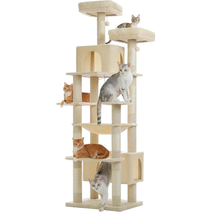 PURPURRA Robuster Kratzbaum für große Katzen, 200 cm hoher Katzenturm mit 2 Sitzstangen, 2 Höhlen und geräumiger Hängematte, XL extra große Höhle
