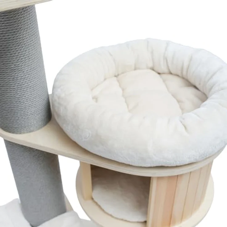 CanadianCat Company Kratzbaum Remy, beige, 130 cm hoch mit Holzhöhle und gepolsterten Liegeflächen – Bild 6