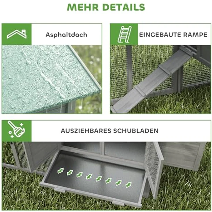 PawHut Hühnerstall Hühnerhaus mit Freilaufgehege, Nistkasten, Rampe und herausziehbarem Tablett, für 2-4 Hühner, grau – Bild 6