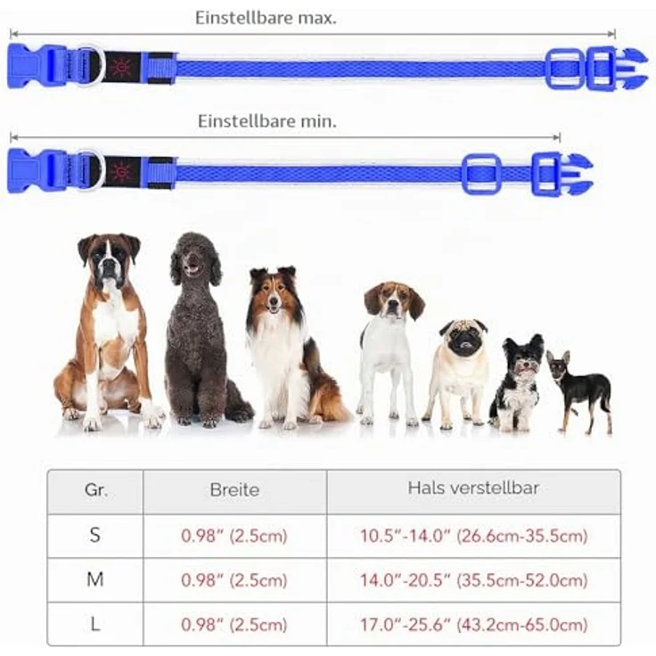 YFbrite LED Leuchthalsband für Hunde, Aufladbar, Wasserdicht, 3 Leuchtmodi, Verstellbar, Blau, L – Bild 4