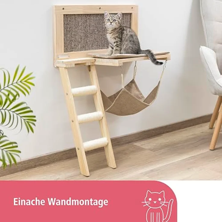 Kerbl Pet Liegebrett Timber, braun, 58x89 cm, stilvolle Wandmontage mit abnehmbarem Kissen und Sisal-Kratzmatte – Bild 5