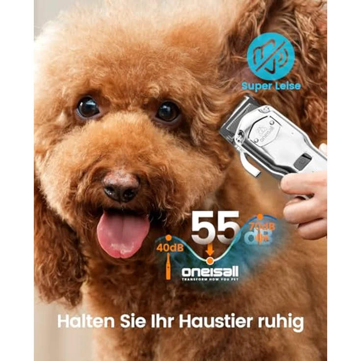 oneisall Leise Hundeschermaschine, Hochleistungs Tierhaarschneidemaschine mit Metall-Führungskamm für dickes, lockiges und feines Haar, kabellos, silber – Bild 5