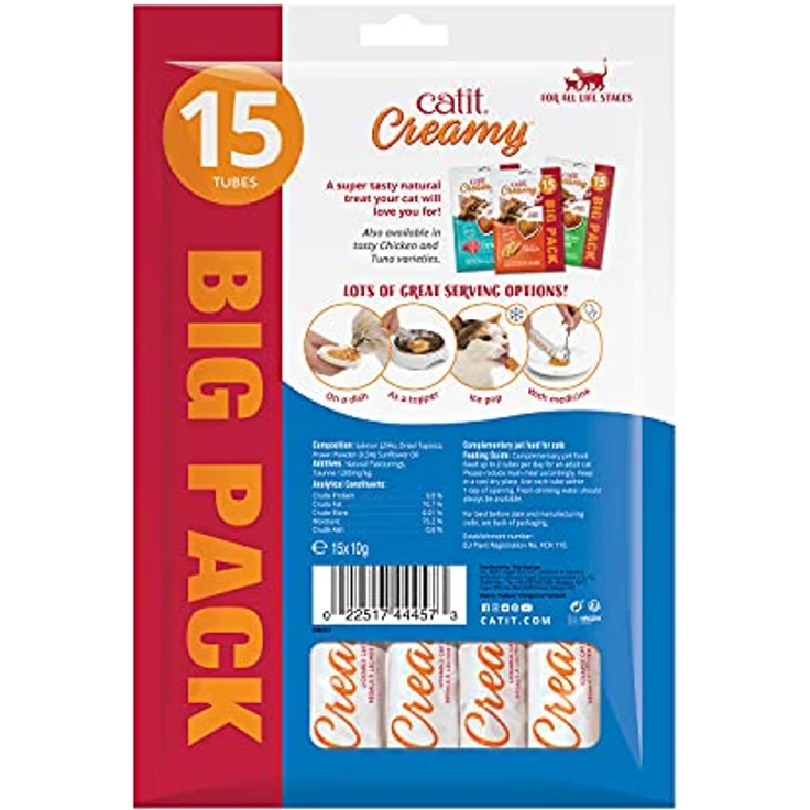 Catit Creamy, flüssigkeitsspendende Leckpaste für Katzen mit Lachs und Garnelen, 15 x 10g, reich an Eiweiß und Nährstoffen – Bild 2