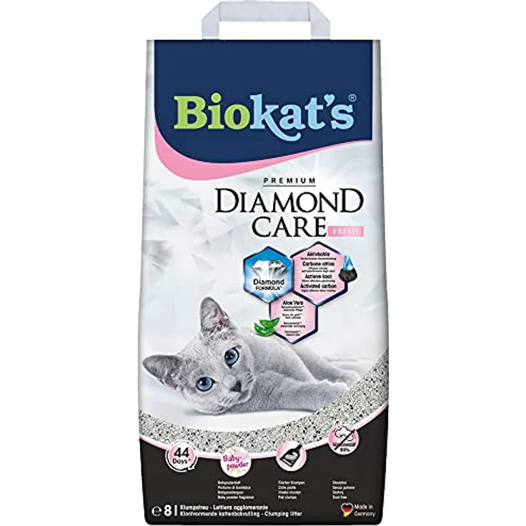 Biokat's Diamond Care Fresh, feine Katzenstreu mit Aktivkohle und Aloe Vera, 8 L, mit Babypuder-Duft – Bild 1