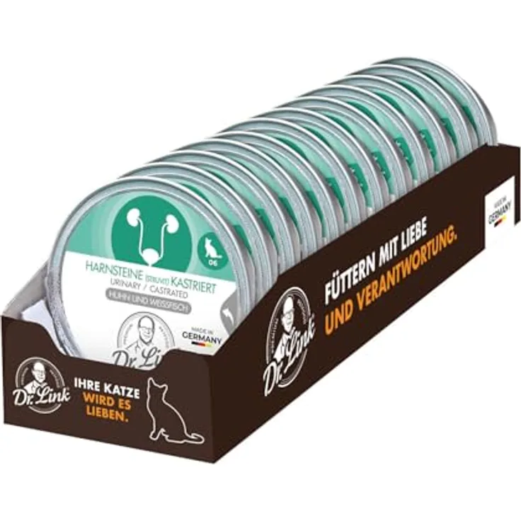 Dr. Link VET PETCARE Spezial-Diät Katzenfutter für kastrierte Katzen & Kater, Huhn & Weißfisch – Unterstützung der Harnwege, pH-Wert-Regulierung, Omega-3-Fettsäuren, glutenfrei, 12x 85g Schale