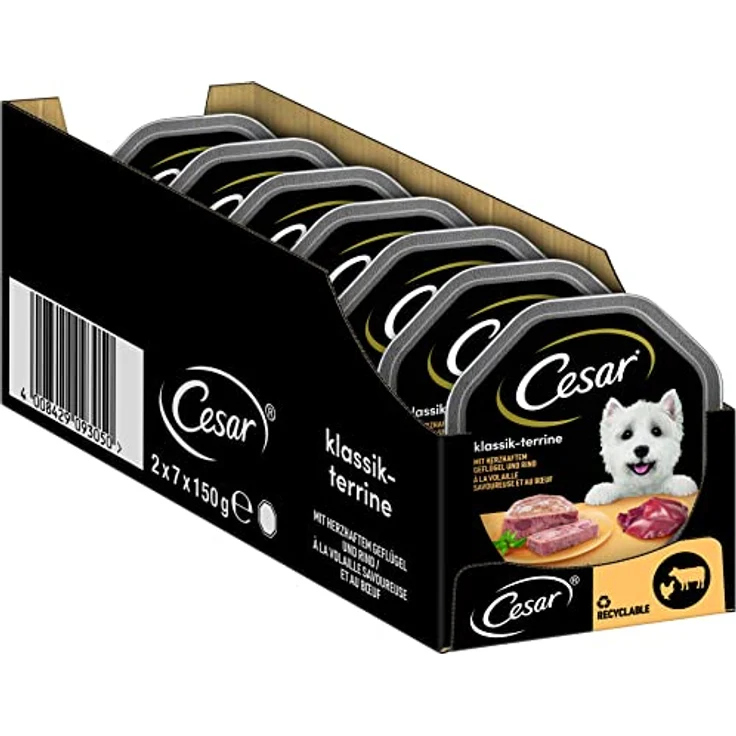 Cesar Hundefutter Nassfutter Klassiker Geflügel & Rind, 7er Pack (7 x 2 Schalen x 150 g), 100% ausgewogen und lecker – Bild 1