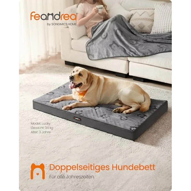Feandrea Hundebett PGW244G01, Waschbares Hundekissen XXL, Wasserdicht, 120 x 74 x 8 cm, Taubengrau, für große Hunde – Bild 2