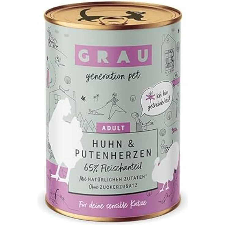 GRAU Nassfutter für Katzen - Huhn & Putenherzen, getreidefrei, 6er Pack (6 x 400 g), leicht verdaulich und fettarm – Bild 1