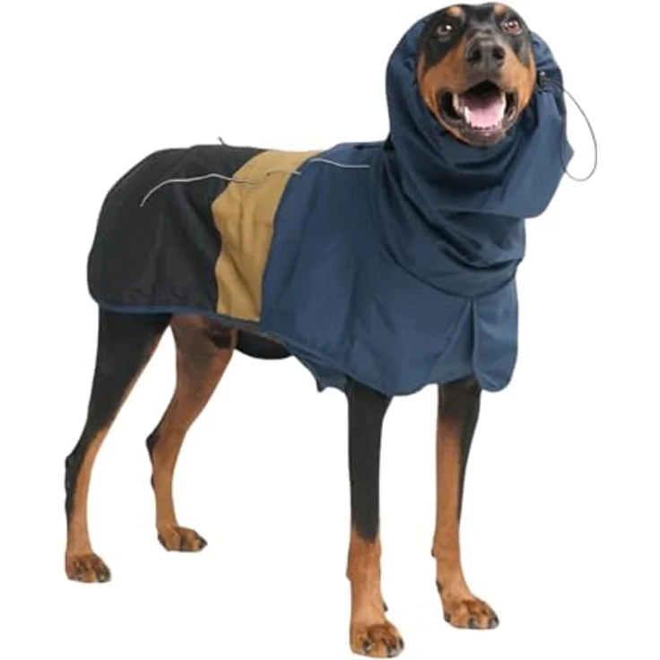 Spark Paws Hunderegenmantel, wasserdichte und winddichte Regenjacke für Hunde, reflektierender Trockenanzug mit Ganzkörperabdeckung, Blau, Gold, Schwarz – 3XL – Bild 1