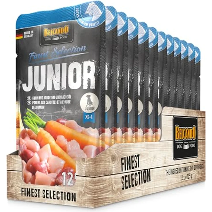 BELCANDO Junior Huhn mit Karotten, Nassfutter für Hunde, 12 x 125g im Portionsbeutel, Alleinfutter für alle Rassen – Bild 1