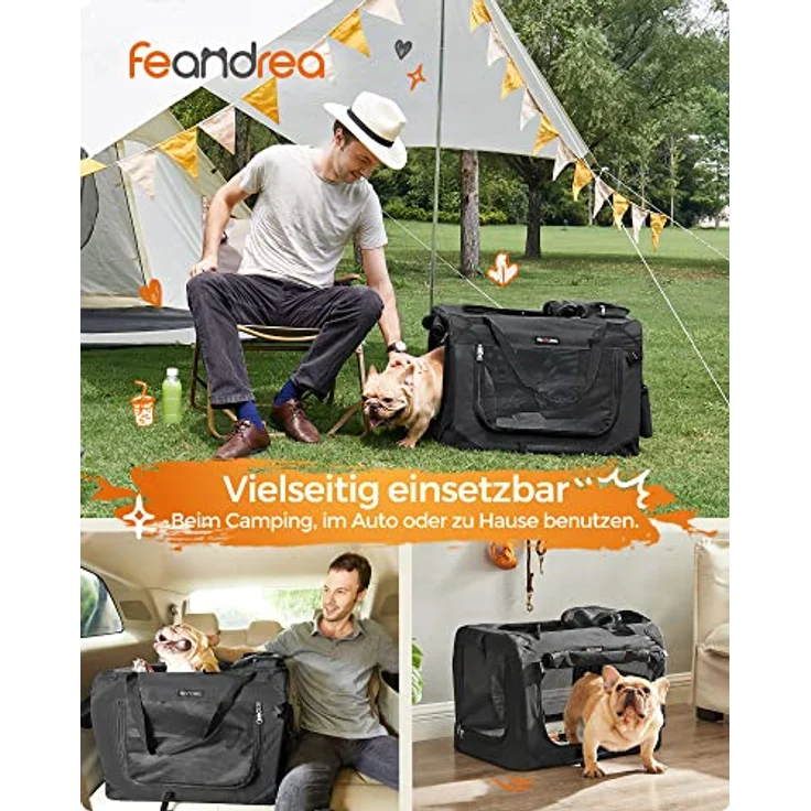 Feandrea Hundebox faltbar PDC60H, Transportbox für Hunde M, atmungsaktiv mit Metallrahmen, schwarz, 60 x 42 x 42 cm, tragbar und mit seitlichen Taschen – Bild 2