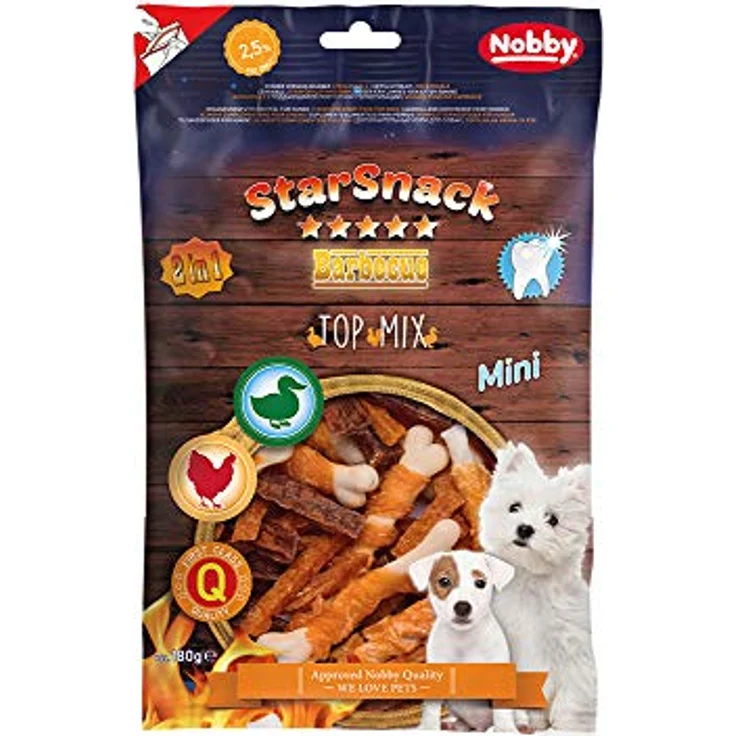 Nobby StarSnack Barbecue MINI Top Mix, 180 g, schmackhafte Hundesnacks für Welpen und kleine Hunde, mit 55,9-76,1% Hähnchen oder 82,6% Ente, wiederverschließbarer Frischebeutel
