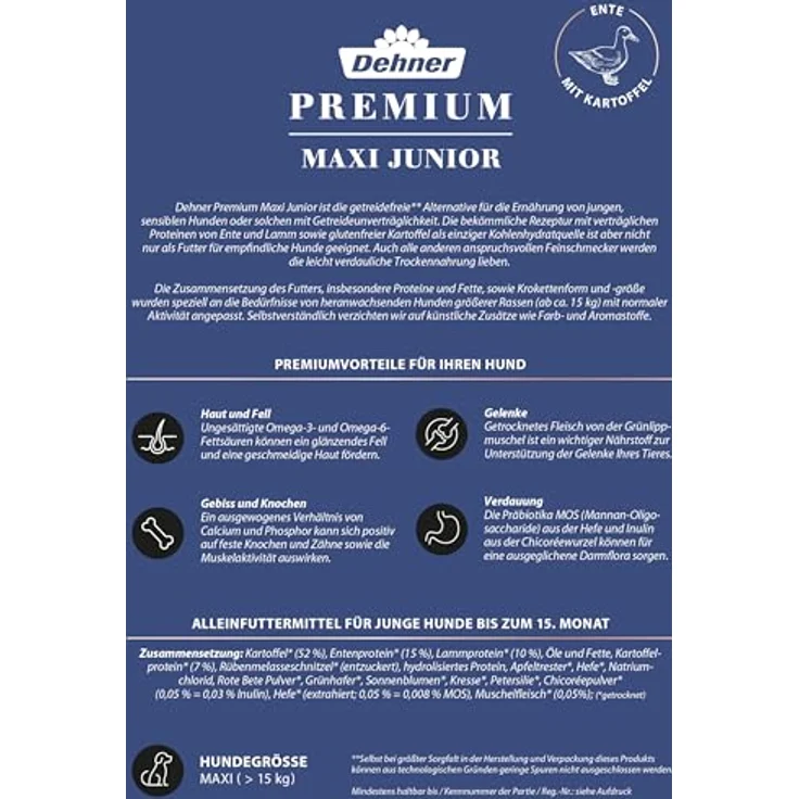 Dehner Premium Hundefutter Maxi Junior, getreidefreies Trockenfutter für große Rassen, Ente / Lamm / Kartoffel, 12.5 kg – Bild 4