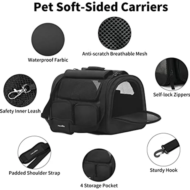 FUKUMARU Faltbare Transportbox für Katzen und Hunde, belastbar bis 22kg, schwarz, mit 4 Eingängen und waschbarem Bett – Bild 3