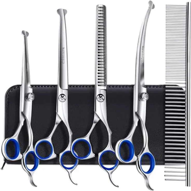 Gimars 4CR Hundeschere Set, 6-in-1 Profi Fellschere mit Rundspitze, ergonomische Griffe und Titan-beschichtete Klingen für Hunde und Katzen