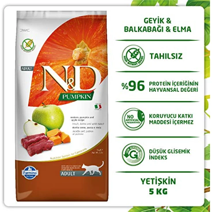 Farmina N&D Kürbis Cerf & Pomme Cat Adulte, hochwertiges Trockenfutter für Katzen, 5,00 kg – Bild 3