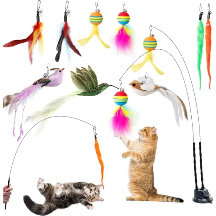 AiQInu 12 Stück Interaktives Katzenspielzeug, Katzenangel mit 2 Saugnäpfen und Glöckchen, Feder- und Raupen-Spielzeug, für intelligentes Training und Spiel funktionsoptimiert