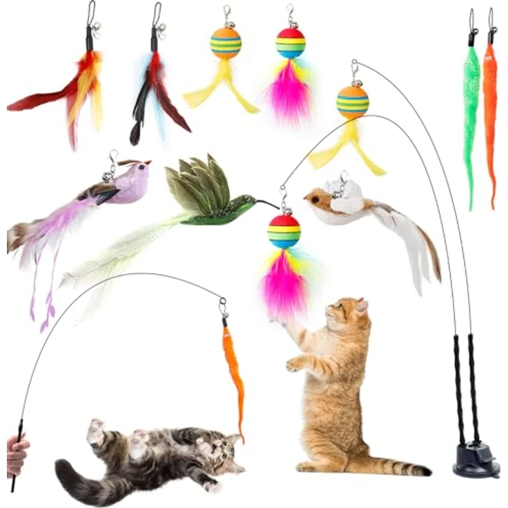 AiQInu 12 Stück Interaktives Katzenspielzeug, Katzenangel mit 2 Saugnäpfen und Glöckchen, Feder- und Raupen-Spielzeug, für intelligentes Training und Spiel funktionsoptimiert – Bild 1