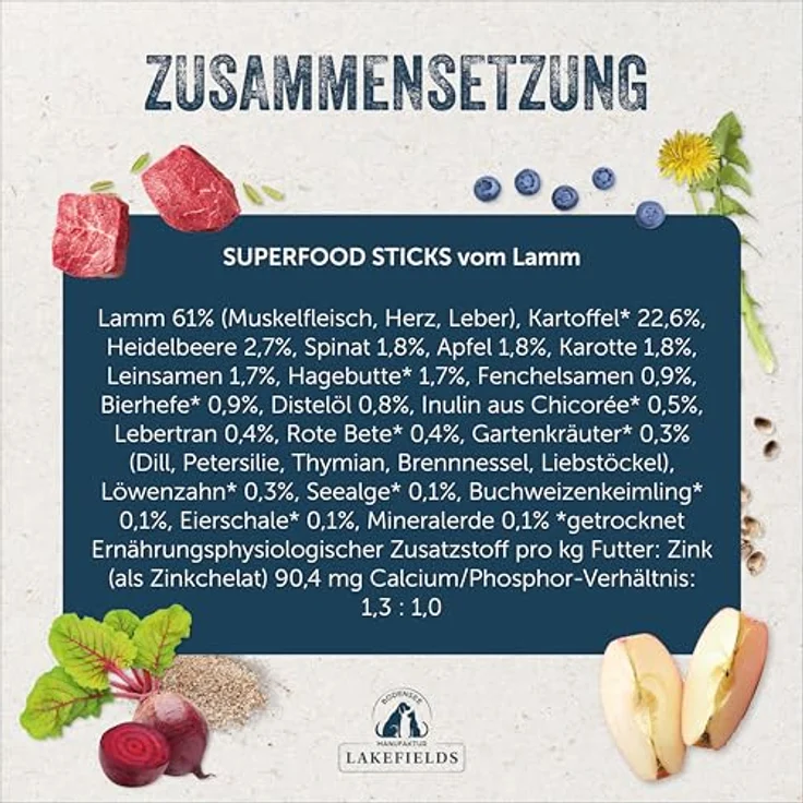 Lakefields SUPERFOOD Sticks, Premium Hundeleckerli vom Weidelamm, 61% Fleisch, getreidefrei, 130g, mit Heidelbeeren, Spinat & Hagebutte, entwickelt mit Tierärzten – Bild 4