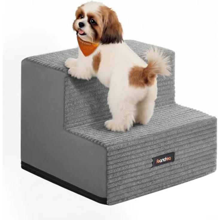 Feandrea Hundetreppe, 2 Stufen Katzentreppe für Kleine Hunde, Hochdichter Schaumstoff, 30 x 38 x 28 cm, Ruhiges Grau, Waschbar und Wasserdicht, Antirutsch-Oberfläche, Baddi Kollektion PPS022GD01 – Bild 1