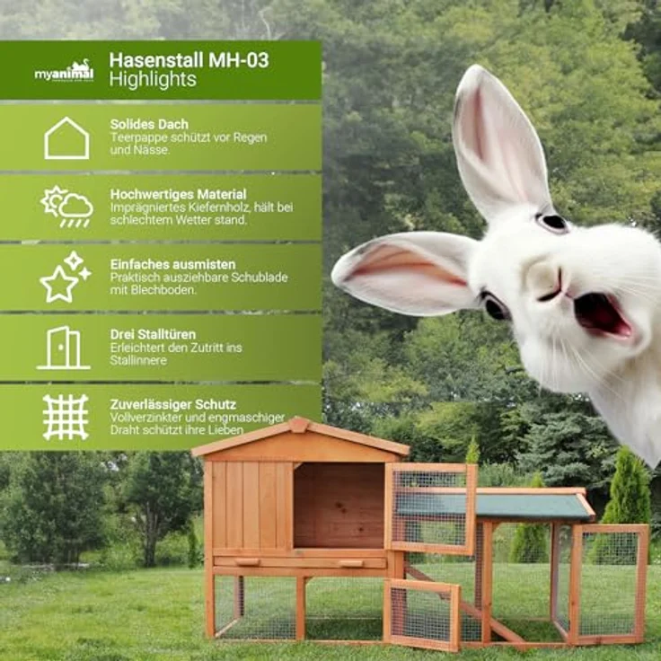 Miweba MyAnimal Hasenstall MH-03, Kaninchenstall mit Freilaufgehege, wetterfest, imprägniertes Holz, braun, 147 x 53 x 85 cm – Bild 2