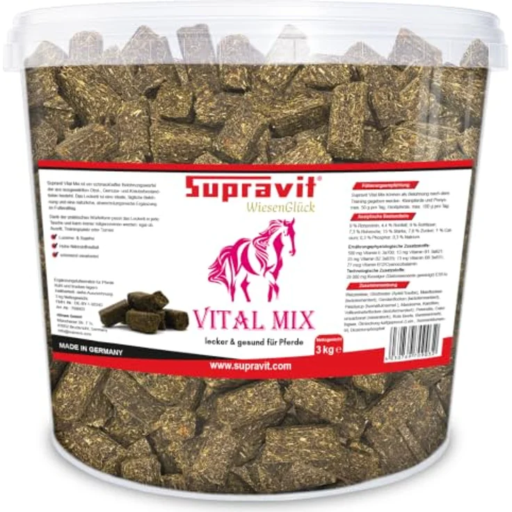 Supravit Vitalmix Pferdeleckerli, 3kg Eimer mit fermentierten Getreideflocken, Karotte, Banane & Ingwer, mit Vitamin E & B-Vitaminen – Bild 1