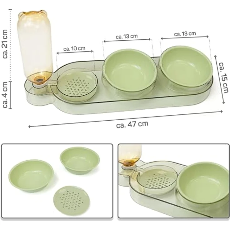 CATOBEL Katzen Futternapf Dinner Station, 3-in-1 Futterbar mit 2 Näpfen und 500ml Wasserspender für Katzen und kleine Hunde, grün – Bild 2