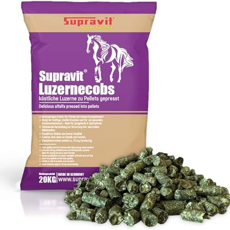 Supravit Luzernecobs 20kg, energiereiches Pferdefutter mit hohem Carotingehalt, staubfreie Pellets für Jung- und Sportpferde – Bild 1