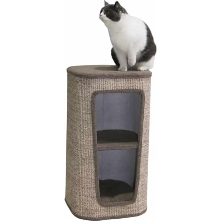 Nobby Kratztonne CAPTA II braun Leinenoptik 38 x 38 x 70 cm, Kratzfläche aus Sisal, Bodenplatten aus Plüsch – Bild 1