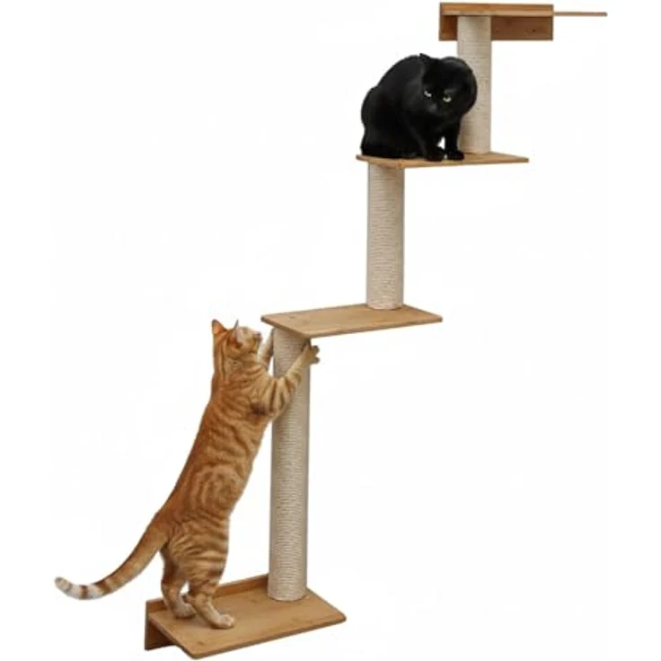 Eyepower Milo, 143 cm Wandkratzbaum mit 4 Plateaus und Sisal-Kratzsäulen zur Wandmontage, modernes Design aus massivem Bambus – Bild 1