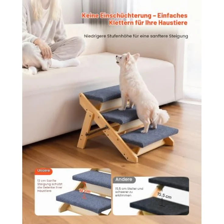 VEVOR Hundetreppe 3-stufige klappbare Holztreppe, bis 68 kg, stabil mit rutschfester Oberfläche für Betten, Sofas & Autos, 510x470x370 mm – Bild 2