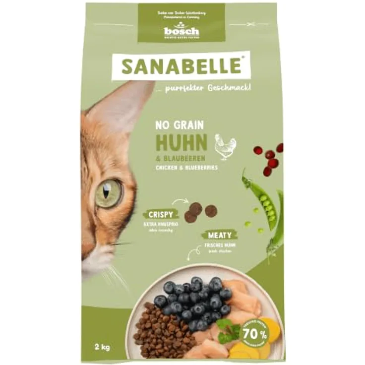 Sanabelle Trockenfutter Katze, Adult, No Grain, Huhn, 2 kg - Hochverdauliche Ernährung ohne Getreide für gesunde Tiere, extra tierische Proteine, für glänzendes Fell