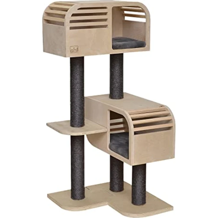 Europet Bernina Kratzbaum Atlas 120, Designer-Kratzbaum mit Naturholz und grauen Kissen, Maße 57,5 x 56,5 x 123,5 cm – Bild 1