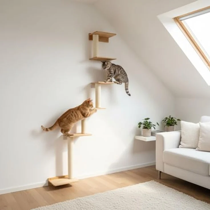 eyepower Kratzbaum zur Wandmontage Milo, 215 cm mit 6 Bambus Plateau, Sisalstamm und Montagewinkeln, platzsparend für Katzen – Bild 3