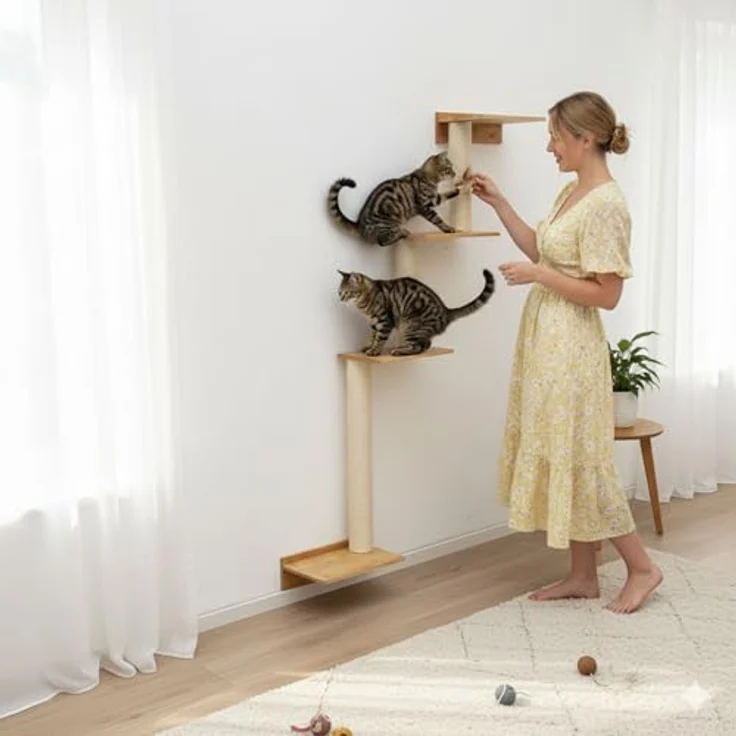 Eyepower Milo, 143 cm Wandkratzbaum mit 4 Plateaus und Sisal-Kratzsäulen zur Wandmontage, modernes Design aus massivem Bambus – Bild 4