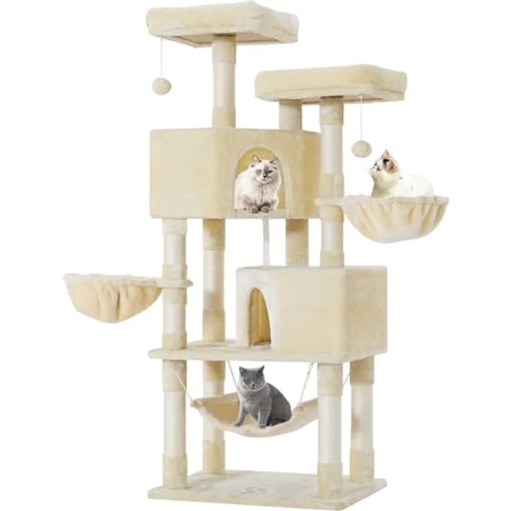 MSmask Stabiler Kratzbaum, großer Katzenbaum mit 2 Plattformen und großer Höhle, Sisalstämme, beige – Bild 1