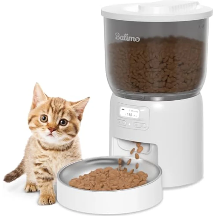 Balimo Futterautomat Katze 3L, Katzenfutter Automat mit programmierbarem Timer für 1-6 Mahlzeiten, Edelstahlschüssel, Weiß – Bild 1